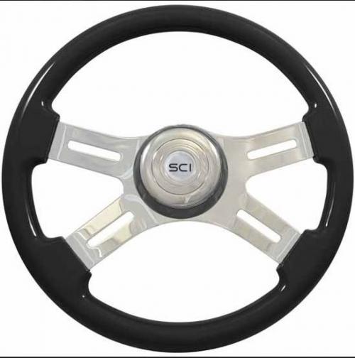 Best Fit 09-1500903 Steering Wheel: 16 Inch Chrome 4 Spoke Black Painted Wood Steering Wheel With Chrome Horn Button