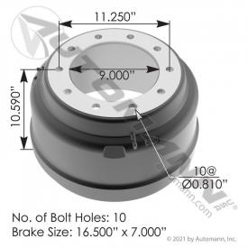 10 Hole 16.5 X 7in. Brake Drum: Automann 151.6711 - New
