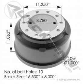 10 Hole 16.5 X 8in. Brake Drum: Automann 151.6801BA - New