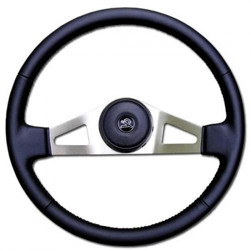 Ford L8000 Steering Wheel: 18 Inch Nickel 2 Spoke Black Top Grain Leather Marion Steering Wheel With Black Bezel & Horn