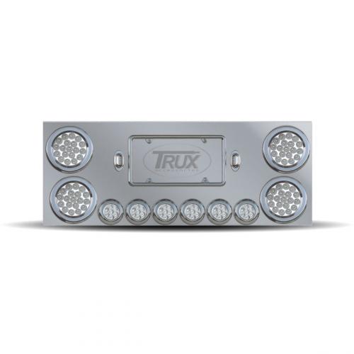 Trux Accessories TU-9001L5 Tail Panel: Stainless Steel Rear Center Panel With 4 X 4", 6 X 2" Dual Revolution (Red/Purple) & 2 Purple License Light Leds