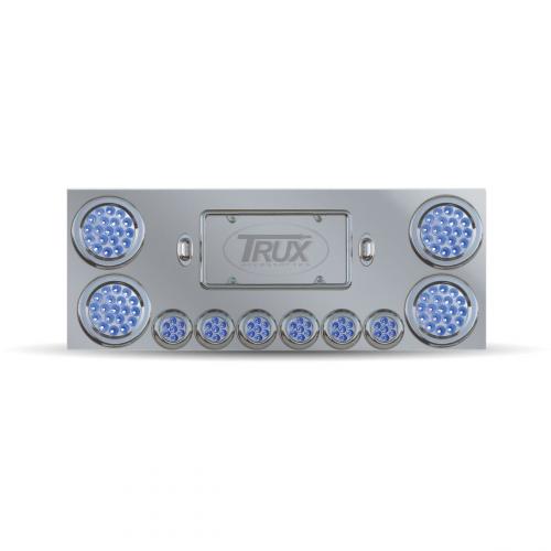 Trux Accessories TU-9001L4 Tail Panel: Stainless Steel Rear Center Panel With 4 X 4", 6 X 2" Dual Revolution (Red/Blue) & 2 License Light Leds
