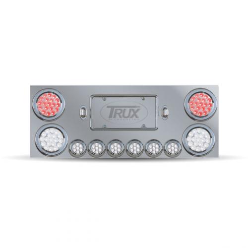 Trux Accessories TU-9001L2 Tail Panel: Stainless Steel Rear Center Panel With 2 X 4" & 6 X 2" Dual Revolution, With 2 X 4" Red & 2 License Light Leds