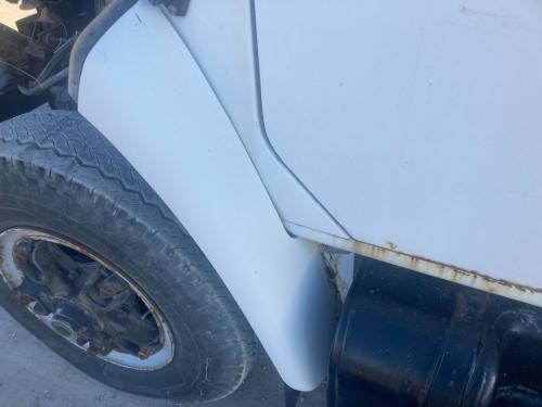1987 International S1900 Left White Extension Fiberglass Fender Extension (Hood): Does Not Include Brackets, Paint Chipping W/ Surface Rust

