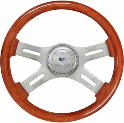 Best Fit 09-1500816 Steering Wheel: 16 Inch Chrome 4 Spoke Mahogany Wood Steering Wheel With Chrome Bezel & Horn