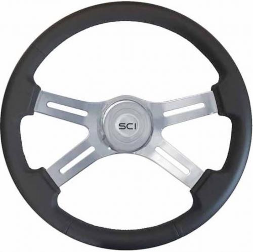 Best Fit 09-1500409 Steering Wheel: 18 Inch Chrome 4 Spoke Black Leather Steering Wheel With Chrome Bezel & Horn