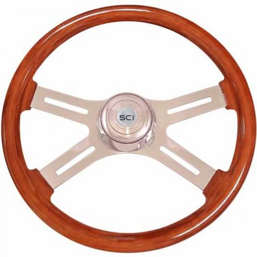 International 9900 Steering Wheel: 18 Inch Chrome 4 Spoke Polished Mahogany Classic Steering Wheel Kit With Chrome Bezel & Horn