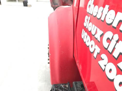 1999 International 4700 Left Red Extension Fiberglass Fender Extension (Hood): Does Not Include Bracket, Scuffed Along Top Edge, Multiple Chips Along Outside Edge