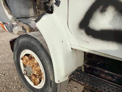 1990 International 4700 Left White Extension Fiberglass Fender Extension (Hood): Does Not Include Bracket, Lower Section Cracked From Top To Bottom, Front Lip Worn Through From Hood Rub
